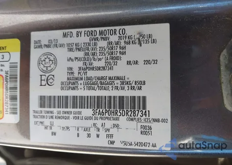 2013 Ford Fusion Se из США, поврежденный, VIN 3FA6P0HR5DR287341